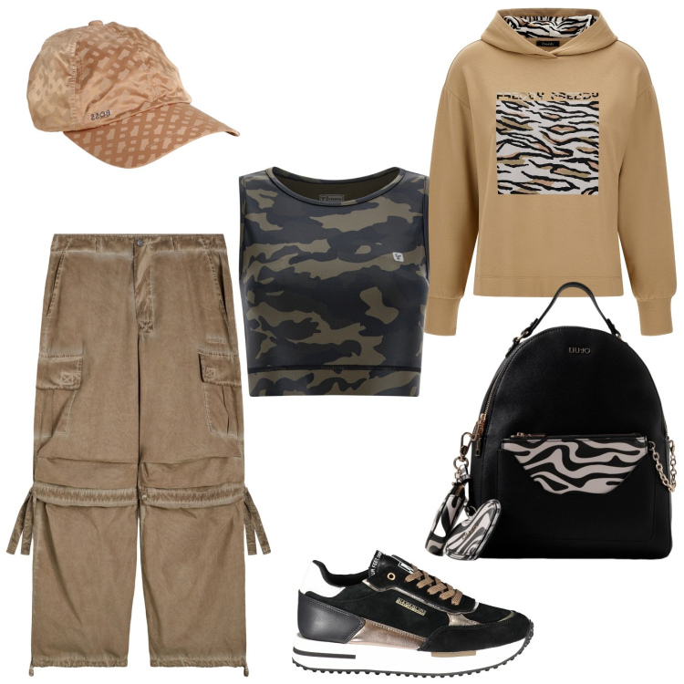 Outfit donna - Passeggiando verso il rifugio Coldai. Stile Urban per Tutti i giorni. Abbinamento con pantaloni cargo, felpe con cappuccio, top sportivi, scarpe sportive, zaini, cappelli.