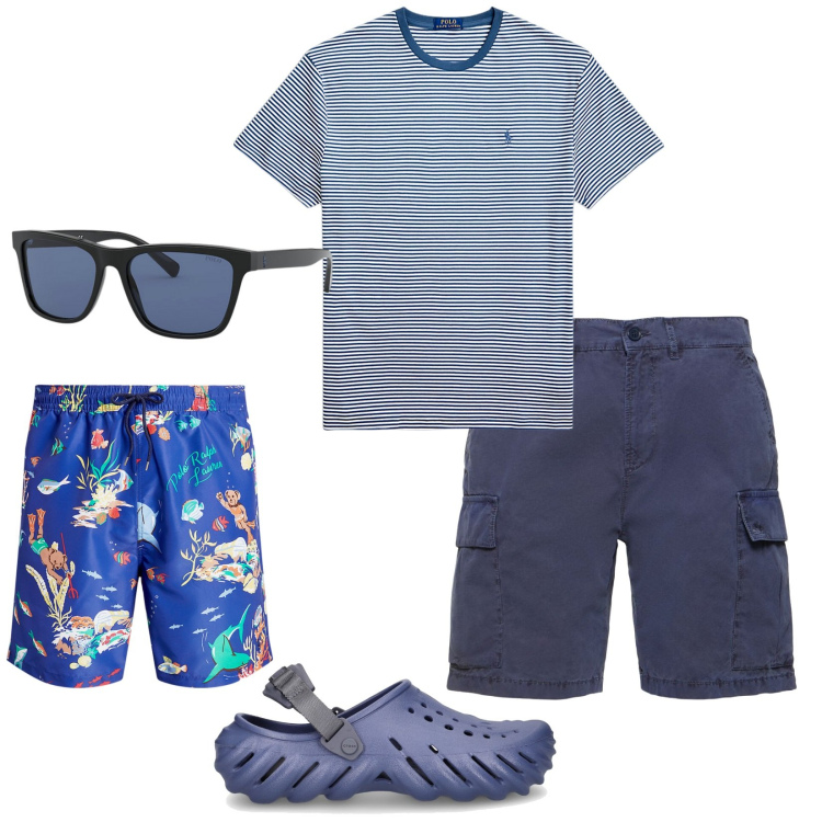 Outfit uomo - Al mare. Stile Casual per Mare. Abbinamento con t-shirt, occhiali da sole, costumi, sandali, shorts.