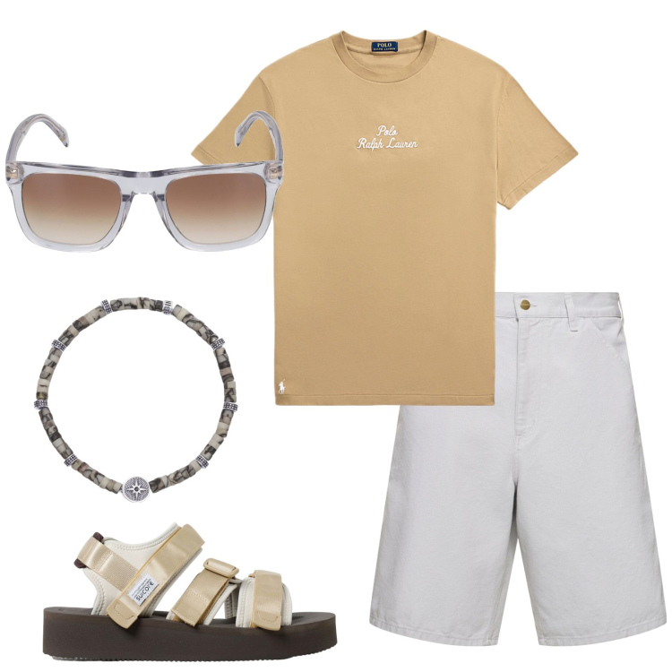 Outfit uomo - Ready to party on the beach. Stile Trendy per Tutti i giorni. Abbinamento con braccialetti, t-shirt, sandali, occhiali da sole, shorts.