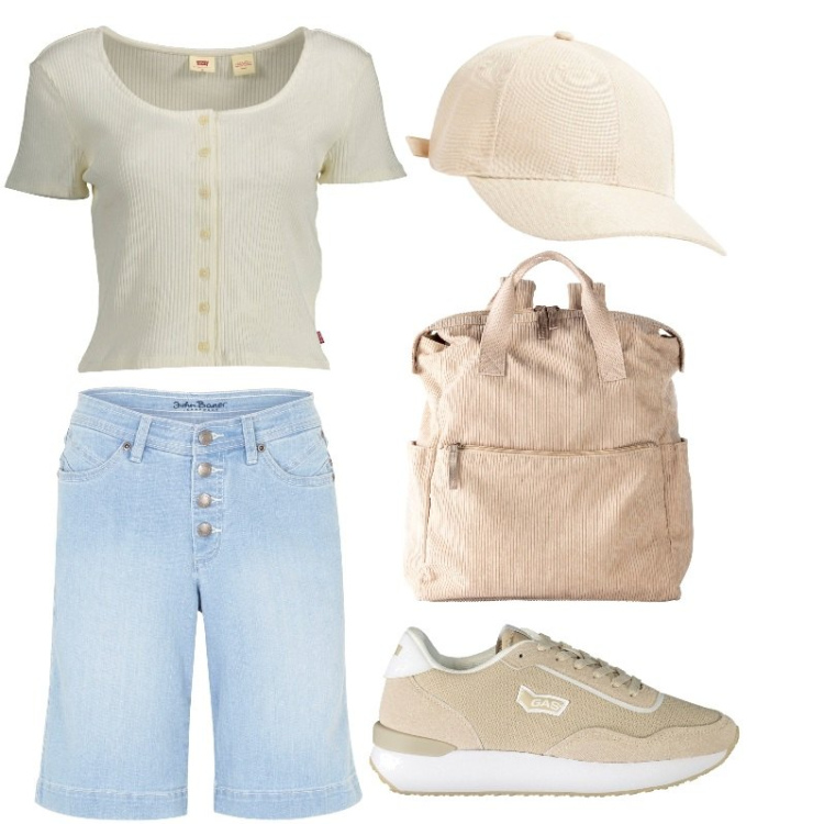 Outfit donna - Passeggiando in comodità. Stile Basic per Tutti i giorni. Abbinamento con zaini, bermuda, cappelli, sneakers, t-shirt.