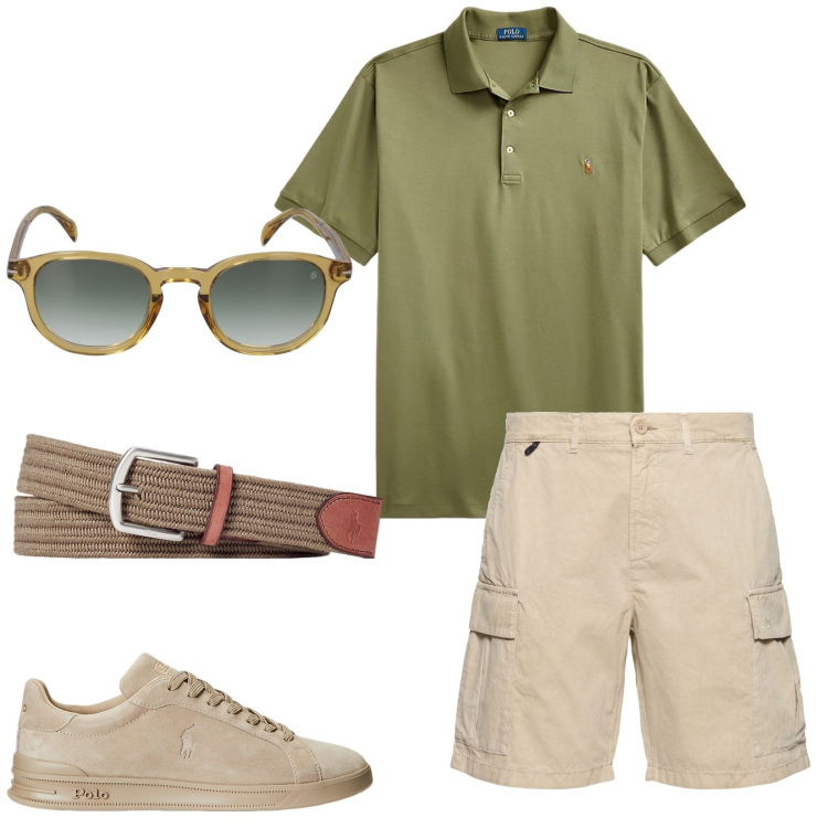 Outfit uomo - Pistacchio e nocciola. Stile Casual per Tutti i giorni. Abbinamento con sneakers, cinture, polo, occhiali da sole, shorts.
