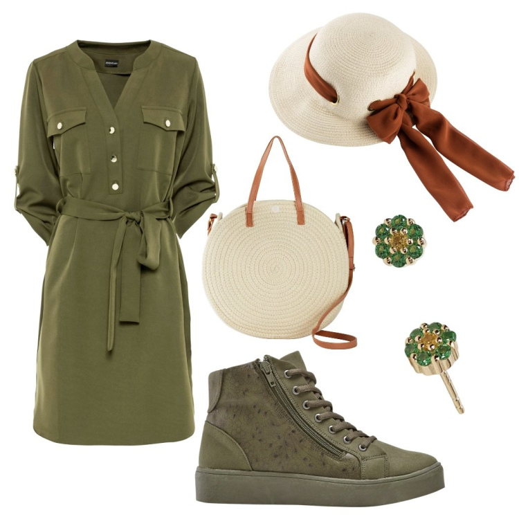 Outfit donna - Picnic con le amiche. Stile Basic per Tutti i giorni. Abbinamento con cappelli, sneakers alte, vestiti chemisier, borse a tracolla, orecchini.