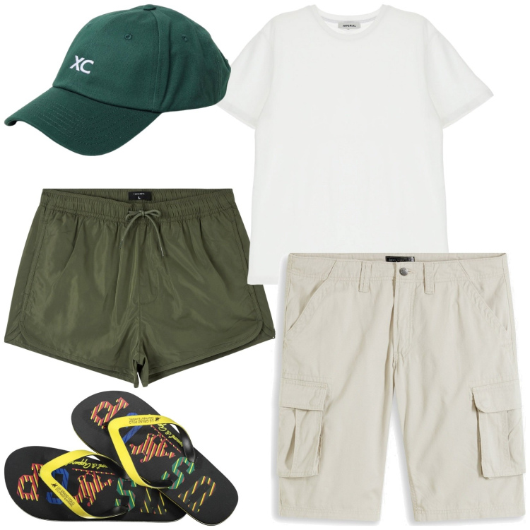 Outfit uomo - Vacanza al mare. Stile Casual per Mare. Abbinamento con bermuda, costumi, t-shirt, sandali, cappelli.