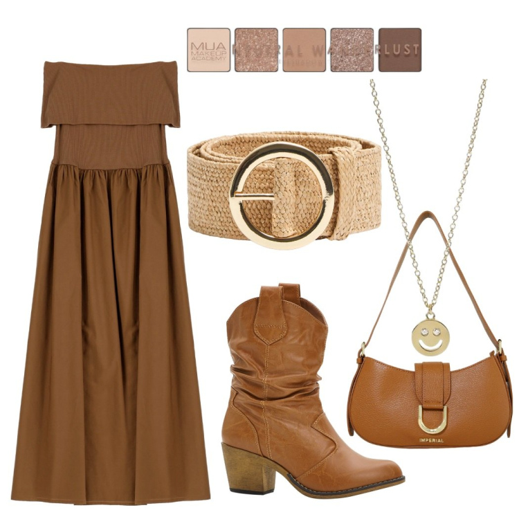 Outfit donna - Particolare. Stile Etnico per Serata fuori. Abbinamento con stivaletti texani, ombretti, cinture, collane, borse a spalla, vestiti lunghi.