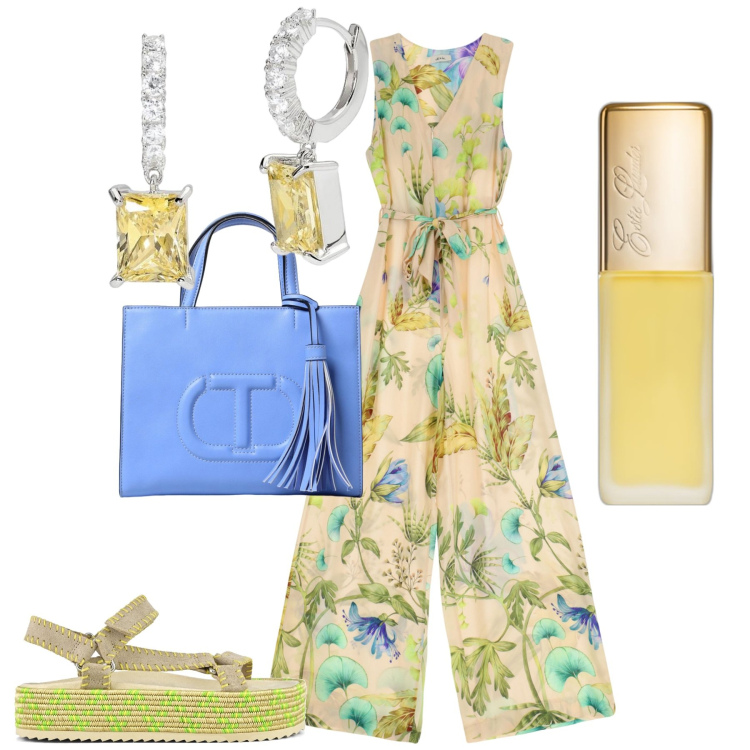 Outfit donna - La tuta floreale. Stile Casual chic per Tutti i giorni. Abbinamento con profumi, orecchini, tute, borse a mano, sandali.