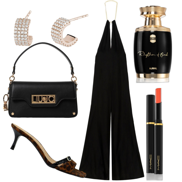 Outfit donna - La tuta con la catena. Stile Glamour per Serata fuori. Abbinamento con rossetti, profumi, orecchini, tute, sandali col tacco, borse a tracolla.