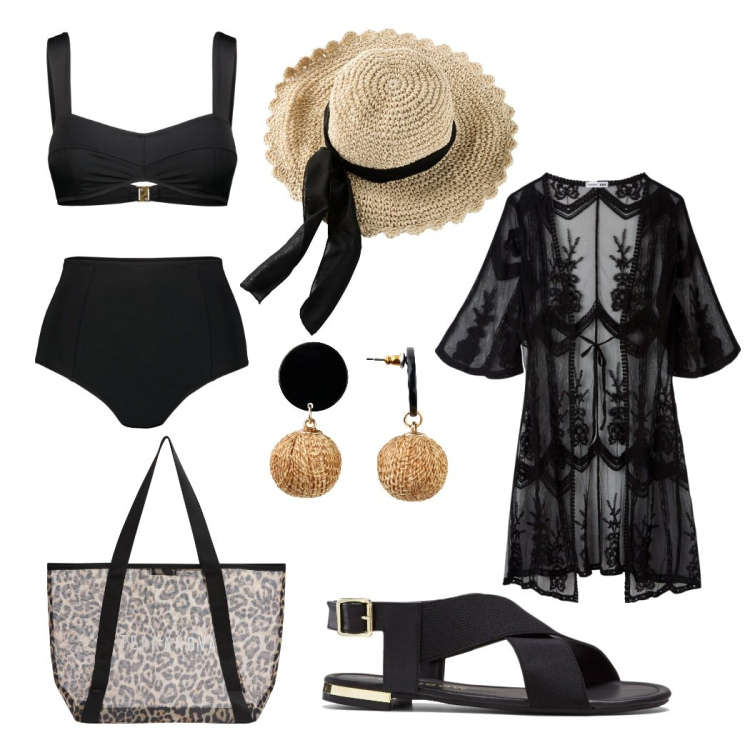 Outfit donna - Bella in spiaggia. Stile Chic per Mare. Abbinamento con orecchini, cappelli, sandali, caftani, shopping bag, bikini.