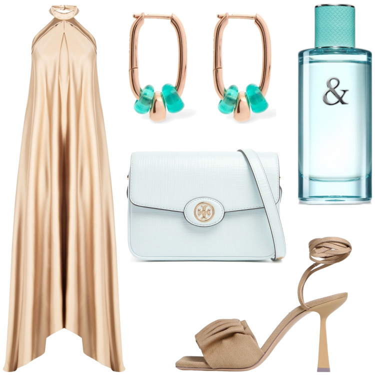 Outfit donna - Serata in oro. Stile Glamour per Serata fuori. Abbinamento con profumi, vestiti lunghi, sandali col tacco, orecchini, borse a spalla.