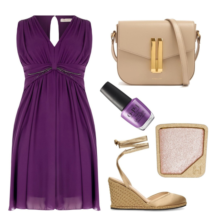 Outfit donna - Total look #1933935. Stile Bon Ton per Cerimonia. Abbinamento con ombretti, smalti, vestiti midi/longuette, zeppe, borse a spalla.