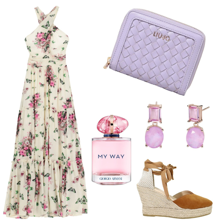 Outfit donna - Sogno di una notte di mezza estate. Stile Casual per Serata fuori. Abbinamento con profumi, orecchini, vestiti lunghi, zeppe, portafogli.