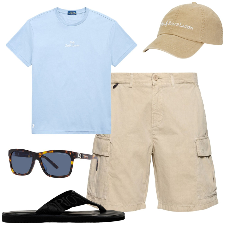 Outfit uomo - Gli occhiali Ralph Lauren. Stile Casual per Mare. Abbinamento con t-shirt, occhiali da sole, cappelli, sandali, shorts.