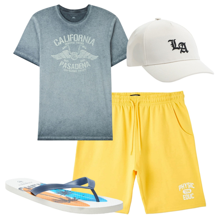 Outfit uomo - Beach. Stile Casual per Mare. Abbinamento con t-shirt, sandali, bermuda, cappelli.