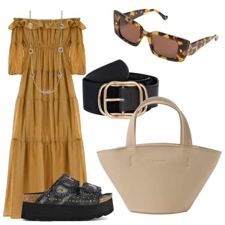 Outfit donna - Estate a Siviglia. Stile 70s per Tutti i giorni. Abbinamento con collane, vestiti lunghi, zeppe, cinture, occhiali da sole, borse a spalla.
