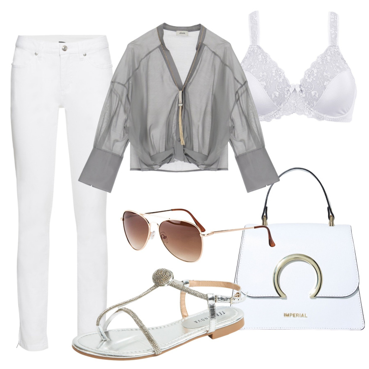 Outfit donna - Effetto trasparenza con i jeans H24. Stile Trendy per Tutti i giorni. Abbinamento con occhiali da sole, reggiseni, jeans skinny, ciabatte, borse a spalla, bluse.