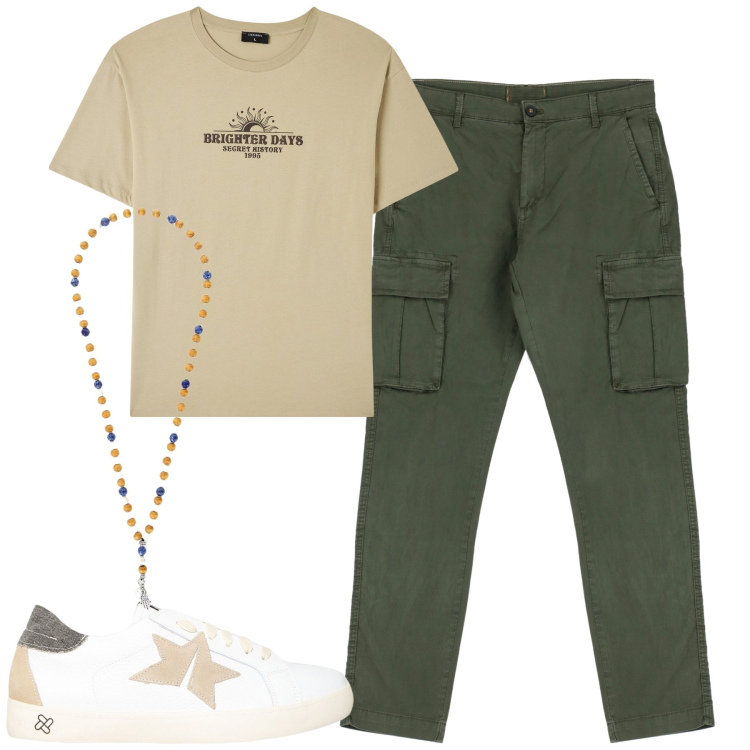 Outfit uomo - Total look #1933962. Stile Casual per Tutti i giorni. Abbinamento con t-shirt, sneakers, pantaloni cargo, collane.