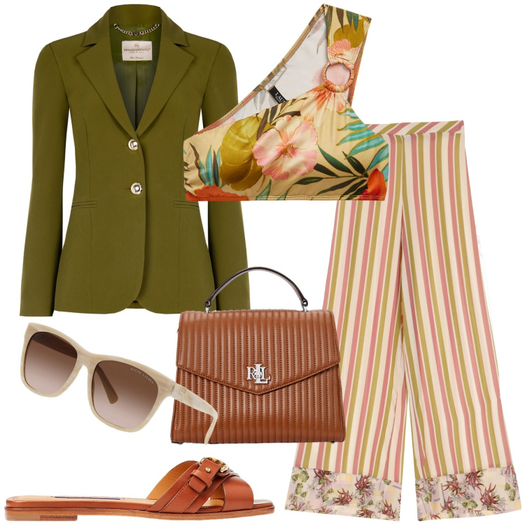 Outfit donna - Total look #1933968. Stile Casual per Tutti i giorni. Abbinamento con blazer, pantaloni, occhiali da sole, top, sandali col tacco, borse a mano.