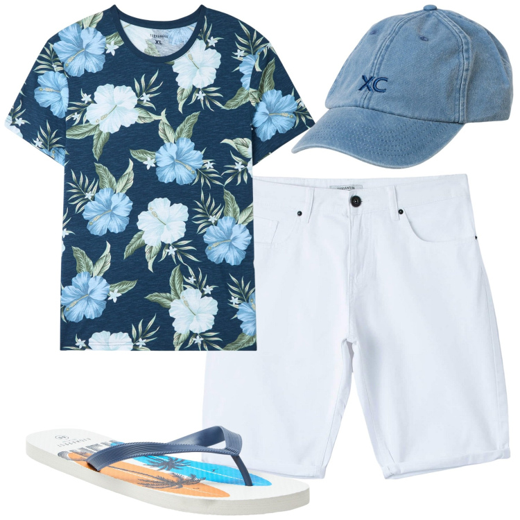 Outfit uomo - In vacanza. Stile Casual per Mare. Abbinamento con t-shirt, sandali, pantaloni, cappelli.