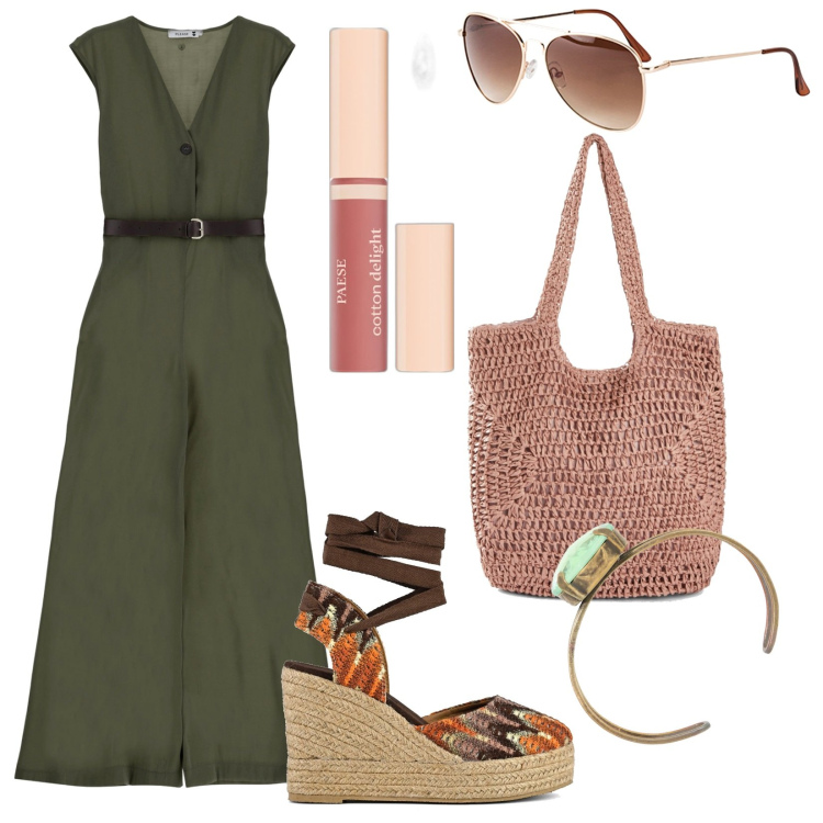 Outfit donna - Accessori estivi. Stile Basic per Tutti i giorni. Abbinamento con occhiali da sole, shopping bag, gloss, tute, braccialetti, sandali col tacco.