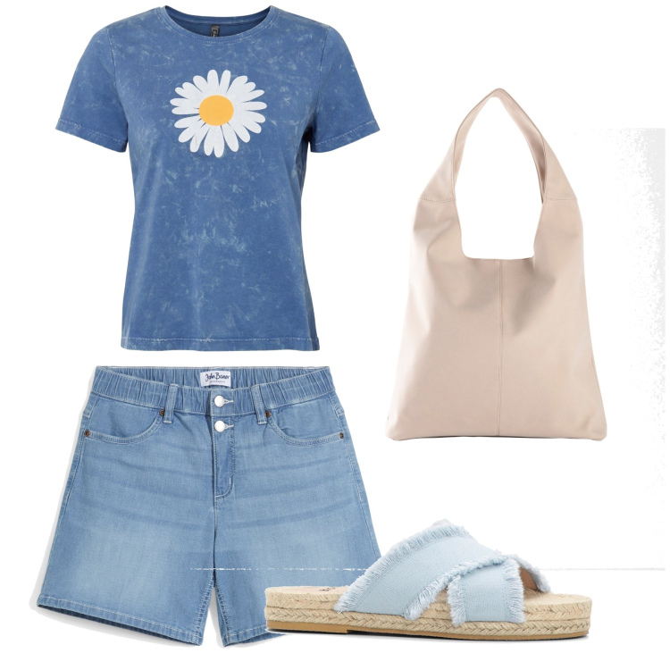 Outfit donna - Aperitivo. Stile Trendy per Tutti i giorni. Abbinamento con t-shirt, shorts, ciabatte, shopping bag.
