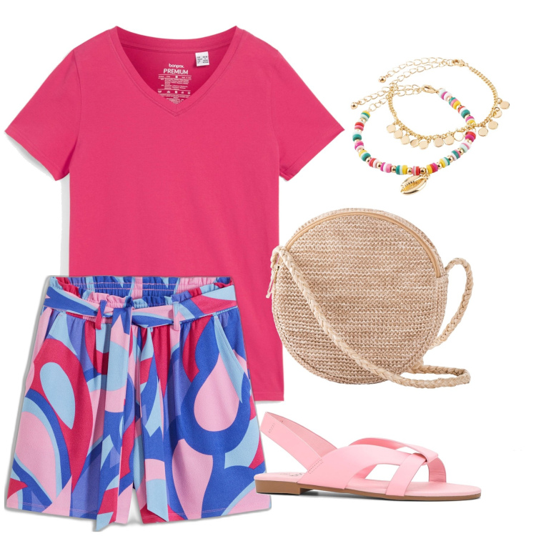 Outfit donna - Serata al mare. Stile Casual per Mare. Abbinamento con shorts, t-shirt, sandali, borse a tracolla, braccialetti con ciondoli.