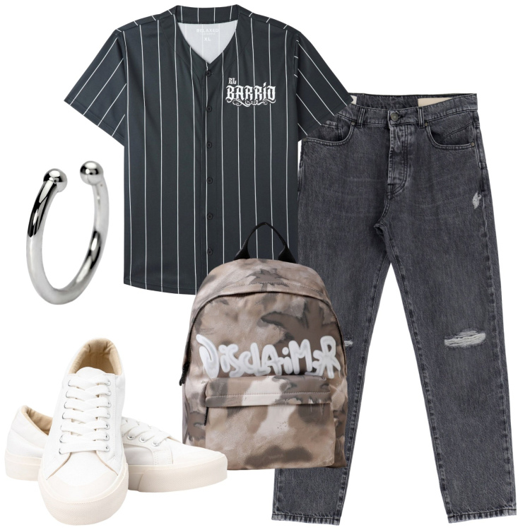 Outfit uomo - Urban. Stile Urban per Tutti i giorni. Abbinamento con t-shirt, orecchini, jeans slim fit, sneakers, borse sportive.