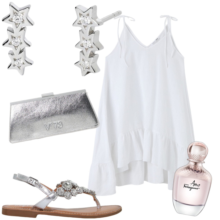 Outfit donna - Fresca sotto le stelle. Stile Trendy per Serata fuori. Abbinamento con vestiti lunghi, profumi, orecchini, sandali, clutch.