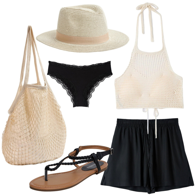 Outfit donna - Top e Shorts Terranova. Stile Casual per Tutti i giorni. Abbinamento con ciabatte, shorts, borse a spalla, culotte, top, cappelli.
