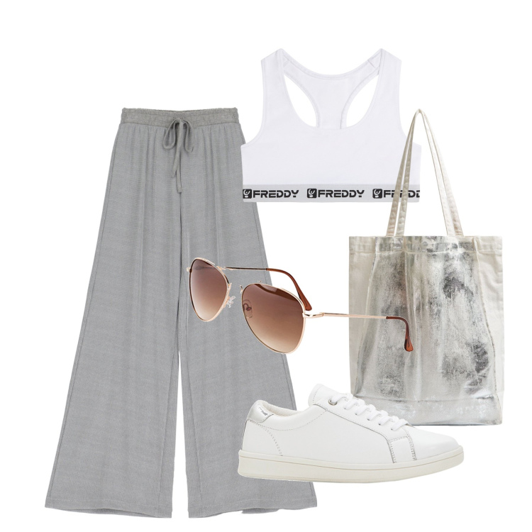 Outfit donna - Ghost outfitter - agosto. Stile Basic per Tutti i giorni. Abbinamento con occhiali da sole, sneakers, shopping bag, top, pantaloni a palazzo.