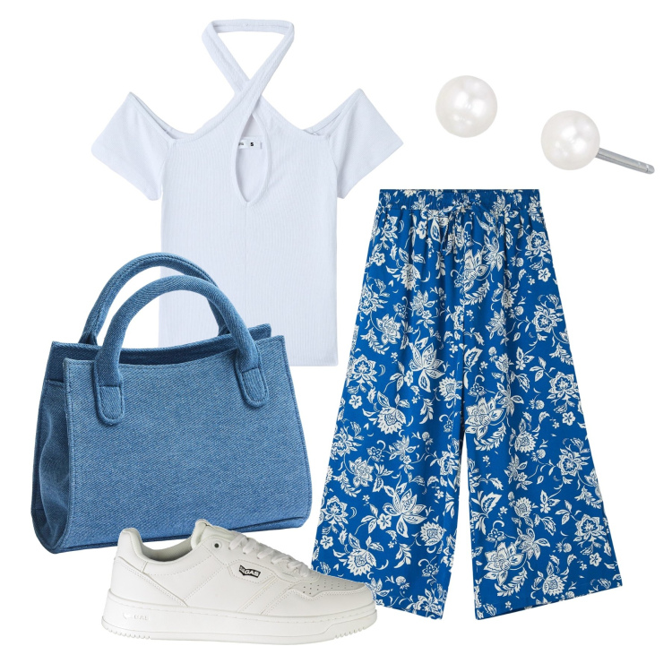 Outfit donna - Ghost outfitter - agosto. Stile Basic per Tutti i giorni. Abbinamento con pantaloni a palazzo, t-shirt, borse a tracolla, orecchini, sneakers.