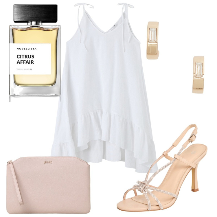 Outfit donna - Summer Nights: minimal. Stile Minimal per Serata fuori. Abbinamento con profumi, vestiti lunghi, sandali col tacco, orecchini, clutch.