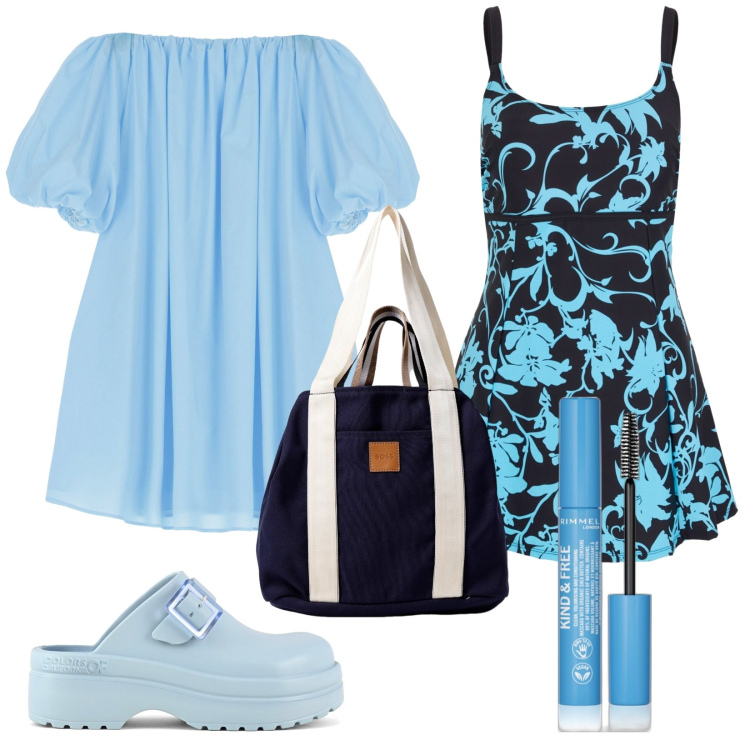 Outfit donna - L\'abito da bagno. Stile Vintage retrò per Mare. Abbinamento con vestiti da spiaggia, mascara, vestiti corti, zoccoli, borse a spalla.