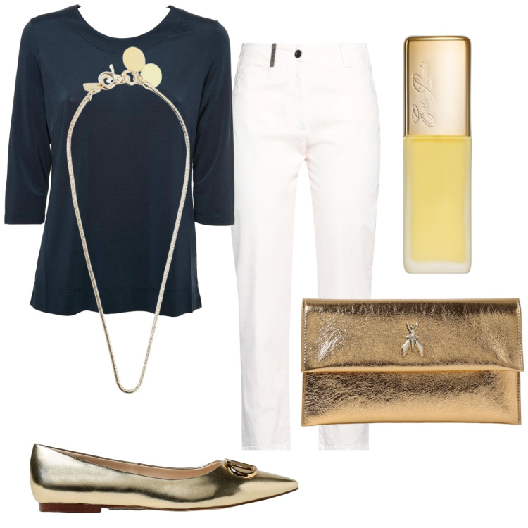 Outfit donna - Basic chic. Stile Chic per Tutti i giorni. Abbinamento con pantaloni, profumi, bluse, ballerine, clutch, collane.