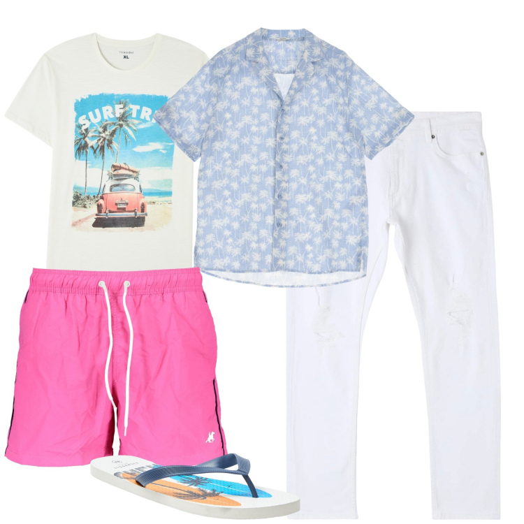 Outfit uomo - Si parte. Stile Casual per Mare. Abbinamento con jeans strappati, sandali, t-shirt, camicie a manica corta, costumi.
