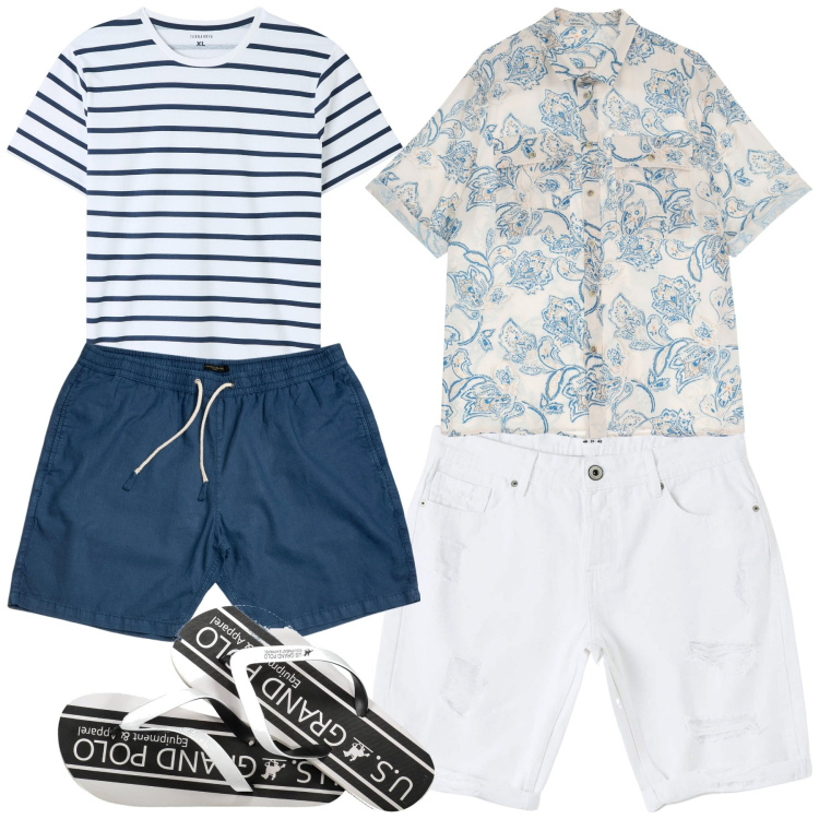 Outfit uomo - Mare. Stile Casual per Mare. Abbinamento con bermuda, t-shirt, camicie a manica corta, sandali, costumi.