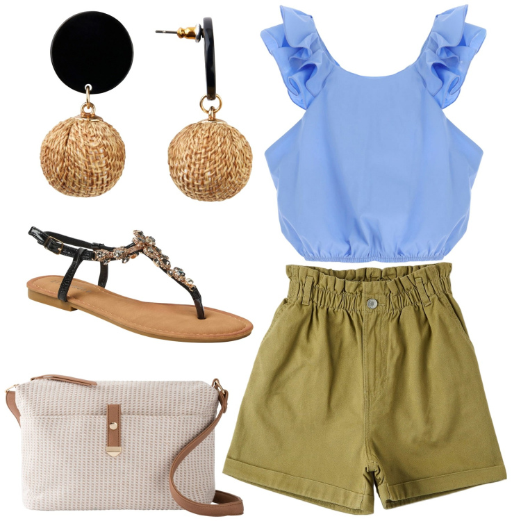 Outfit donna - Agosto bon ton. Stile Bon Ton per Tutti i giorni. Abbinamento con orecchini, borse a tracolla, shorts, sandali gioiello, canottiere.