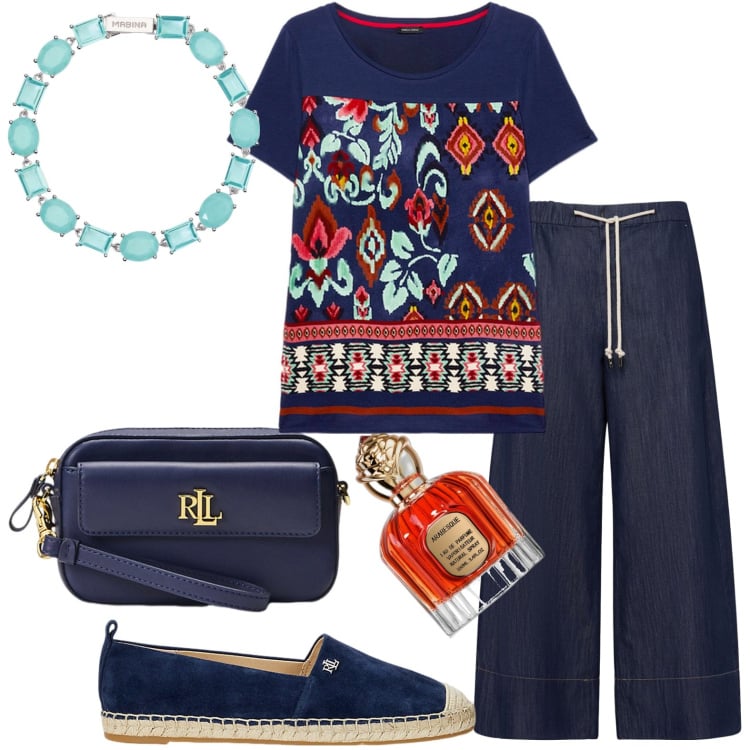 Outfit donna - Apericena casual chic. Stile Casual chic per Serata fuori. Abbinamento con profumi, braccialetti, pochette, espadrillas, jeans, t-shirt.