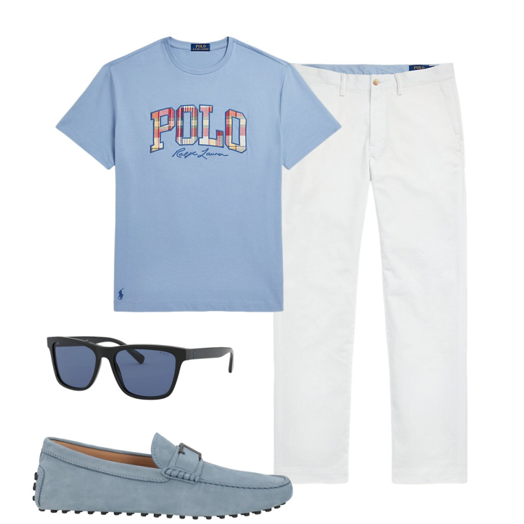 Outfit uomo - Stile in città. Stile Urban per Tutti i giorni. Abbinamento con scarpe stringate, pantaloni, occhiali da sole, t-shirt.