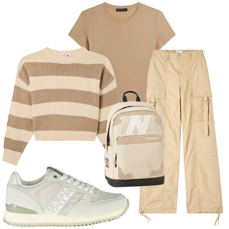 Outfit donna - Gita in montagna. Stile Casual per Tutti i giorni. Abbinamento con pantaloni cargo, maglieria, zaini, t-shirt, scarpe sportive.