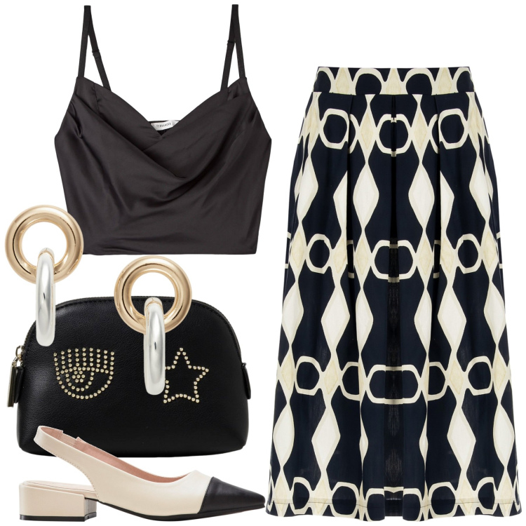 Outfit donna - In gonna. Stile Glamour per Serata fuori. Abbinamento con décolleté, top, gonne longuette, orecchini, valigie.