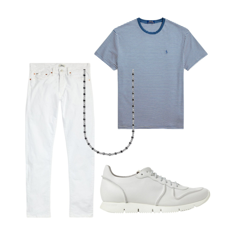 Outfit uomo - Mattina. Stile Casual per Tutti i giorni. Abbinamento con collane, jeans, t-shirt, sneakers.