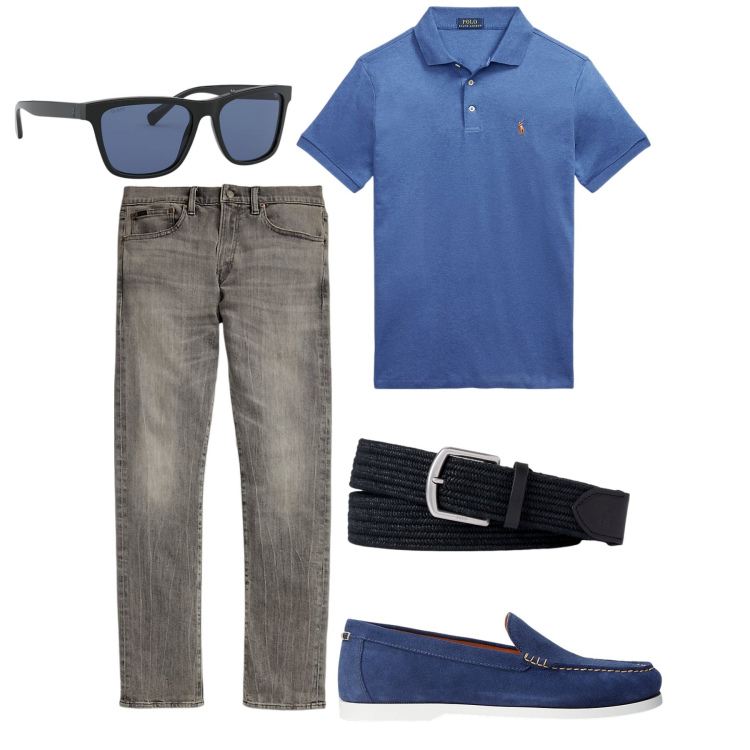 Outfit uomo - Carta da zucchero e denim grigio. Stile Casual per Tutti i giorni. Abbinamento con scarpe stringate, polo, occhiali da sole, jeans, cinture.