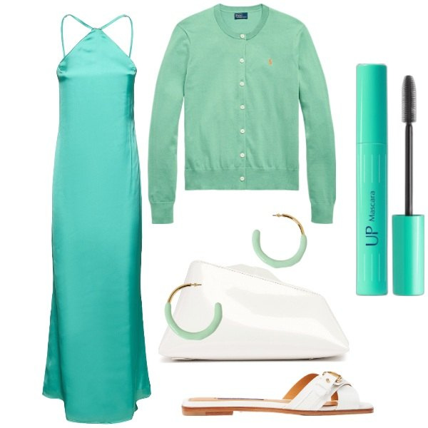 Outfit donna - Celeste come il mare. Stile Glamour per Serata fuori. Abbinamento con mascara, sandali col tacco, cardigans, vestiti, pochette, orecchini.