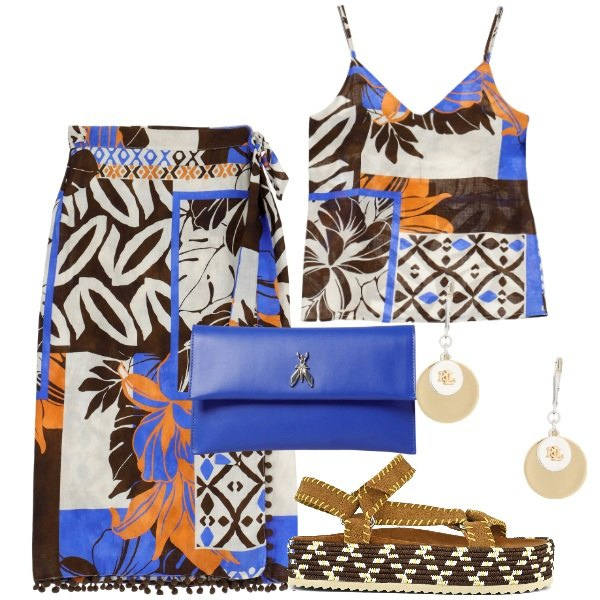 Outfit donna - Il completo etnico. Stile Etnico per Serata fuori. Abbinamento con gonne longuette, canottiere, orecchini, sandali, clutch.