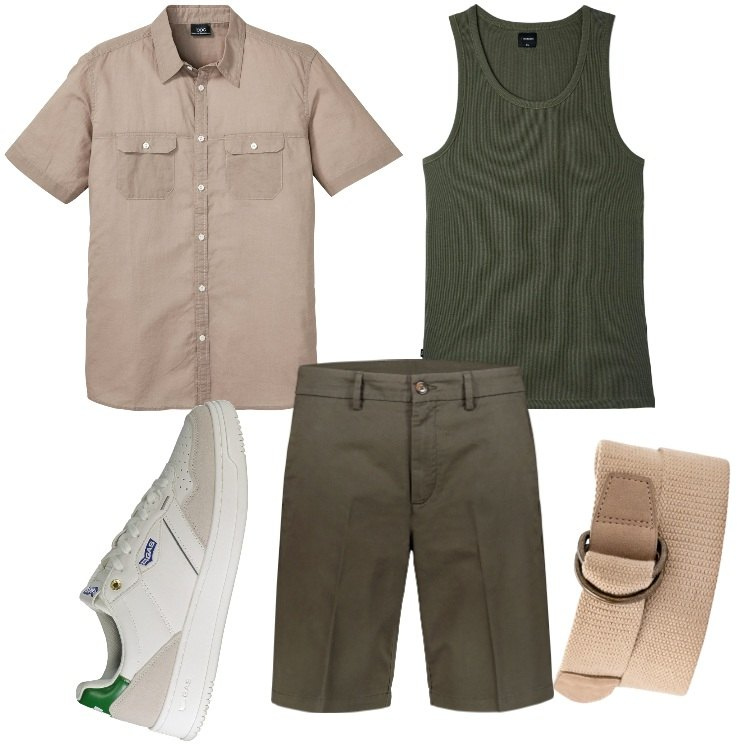 Outfit uomo - Sabbia e salvia. Stile Casual per Tutti i giorni. Abbinamento con camicie a manica corta, canottiere, bermuda, cinture, sneakers.