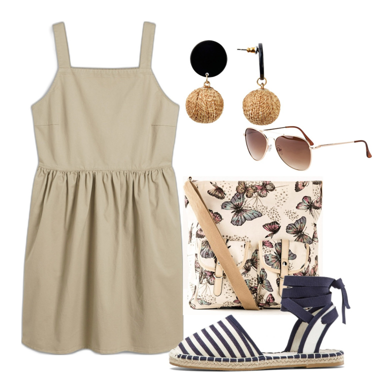 Outfit donna - Summer essentials. Stile Bon Ton per Tutti i giorni. Abbinamento con orecchini, occhiali da sole, vestiti, espadrillas, borse a tracolla.