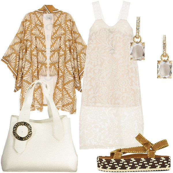 Outfit donna - Total look #1934299. Stile Etnico per Serata fuori. Abbinamento con vestiti midi/longuette, cardigans, orecchini, sandali, borse a spalla.