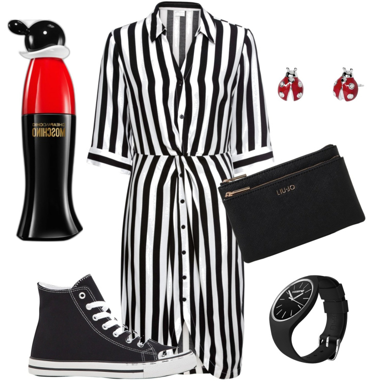 Outfit donna - Good luck. Stile Basic per Tutti i giorni. Abbinamento con sneakers alte, vestiti chemisier, profumi, orecchini, orologi, pochette.