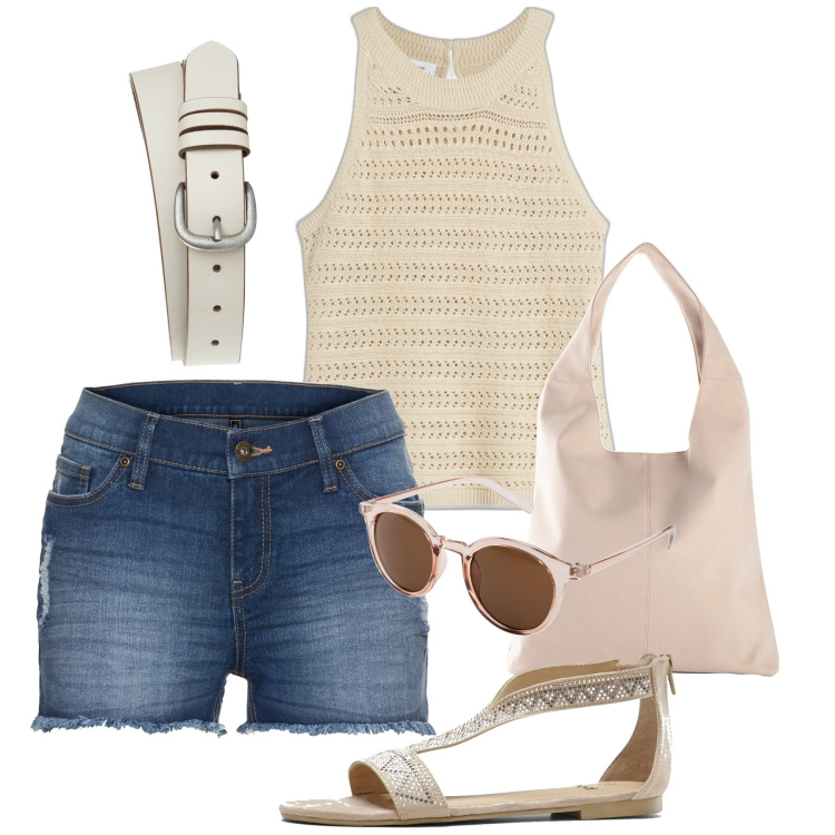 Outfit donna - Essentials come gli shorts. Stile Casual chic per Tutti i giorni. Abbinamento con occhiali da sole, shorts, top, sandali, shopping bag, cinture.