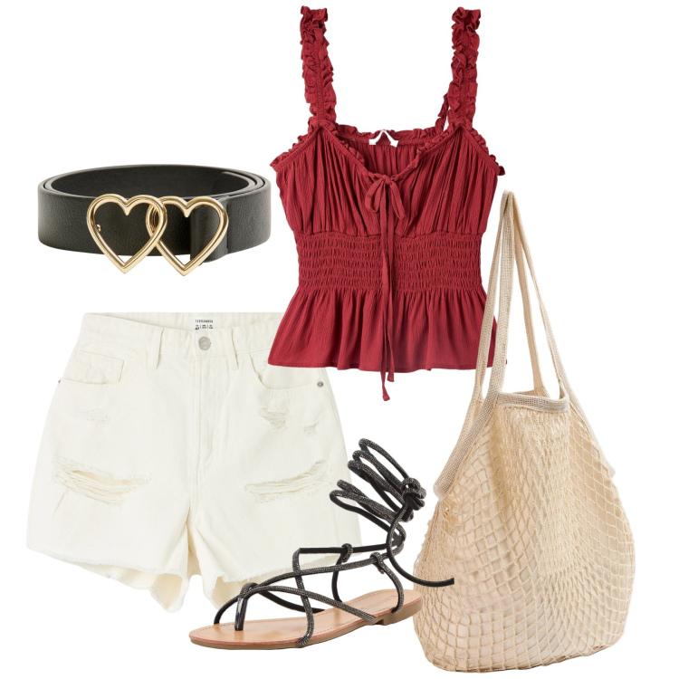 Outfit donna - Rosso in Riviera. Stile Casual chic per Tutti i giorni. Abbinamento con shorts, top, sandali alla schiava, borse a spalla, cinture.