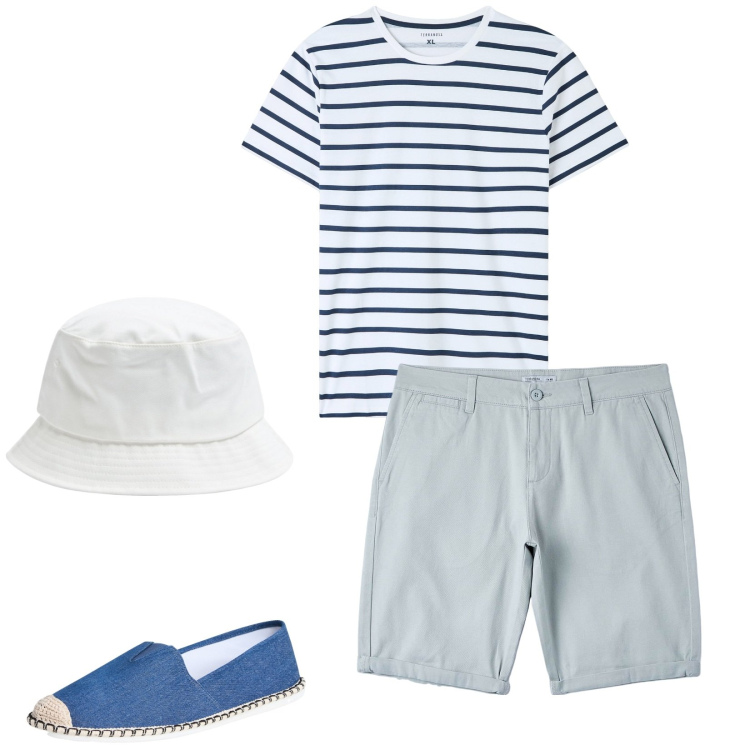 Outfit uomo - Il turista. Stile Casual per Tutti i giorni. Abbinamento con espadrillas, t-shirt, bermuda, cappelli.